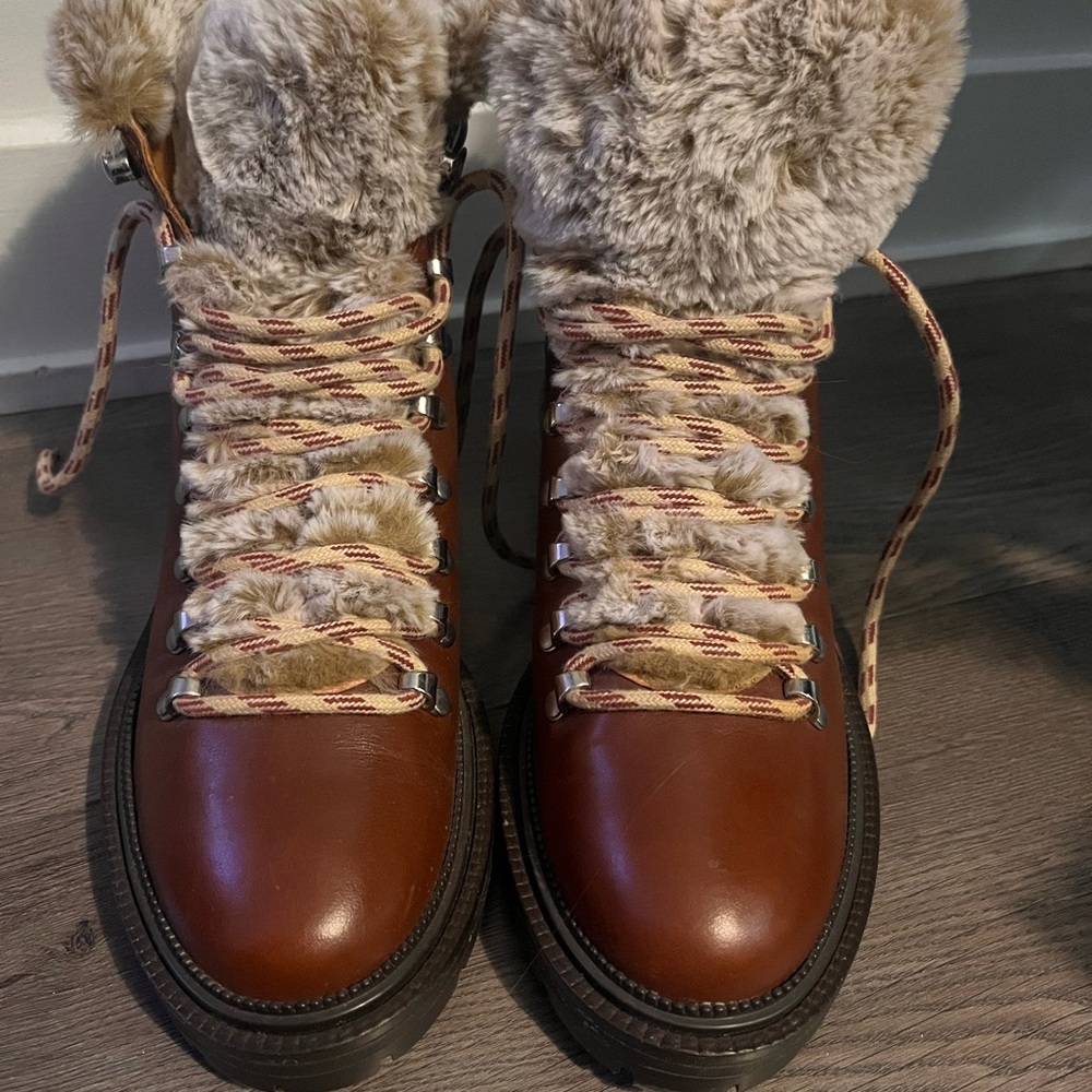 Zara Brown Winter Boots with Plush Fur and Chunky Sole